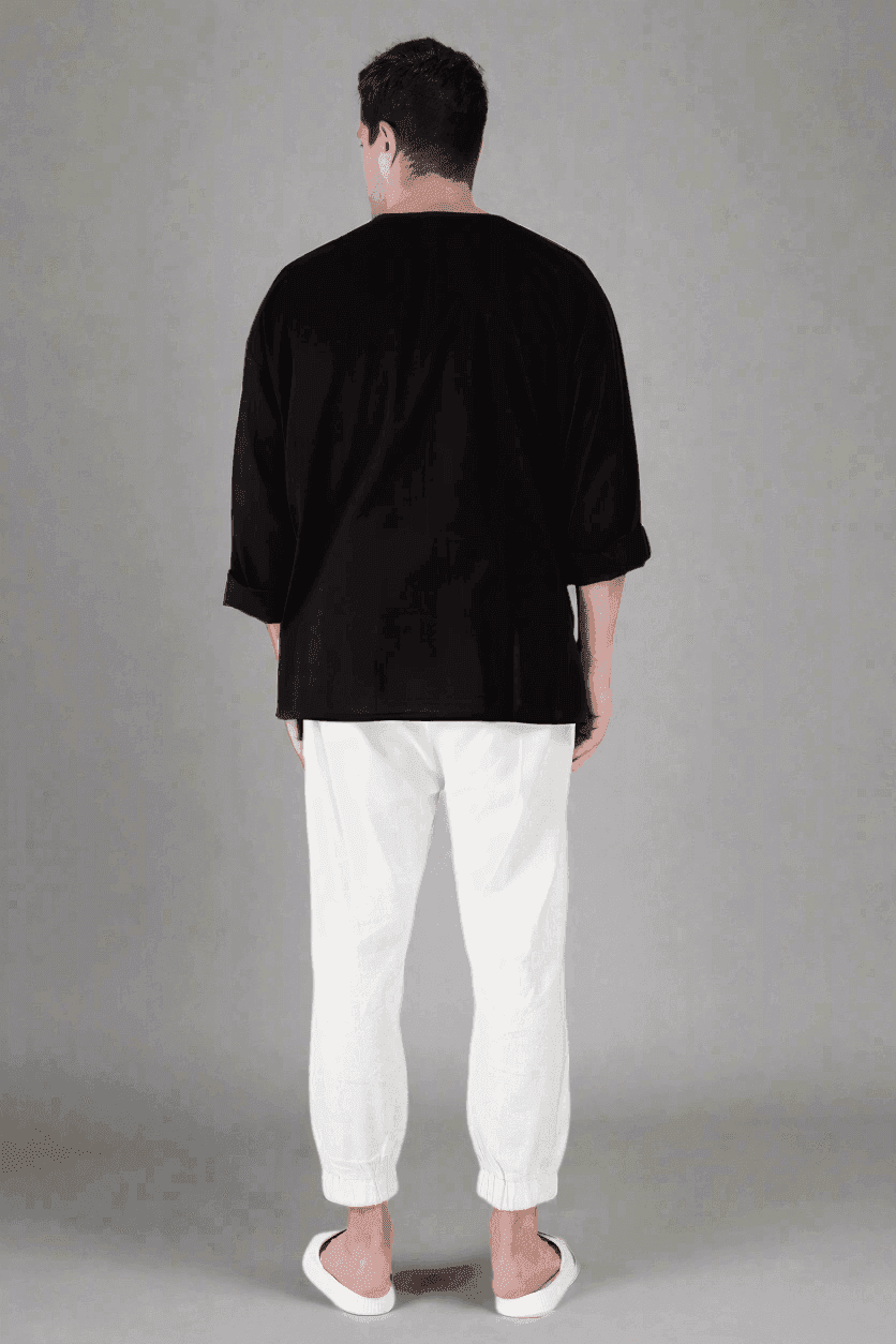 Black Off Shoulder Loose Cotton Kurta - Nirmal Online