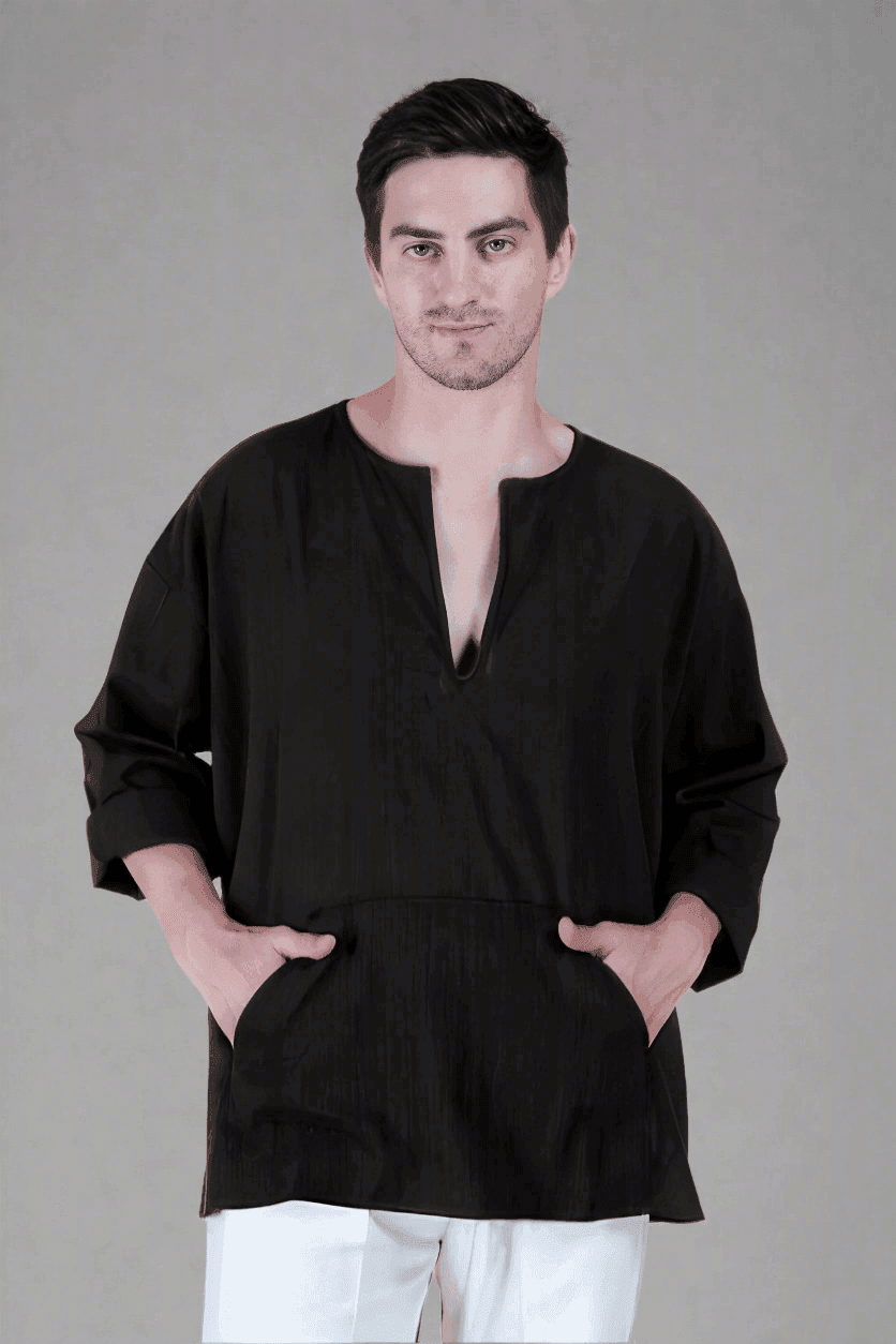 Black Off Shoulder Loose Cotton Kurta - Nirmal Online