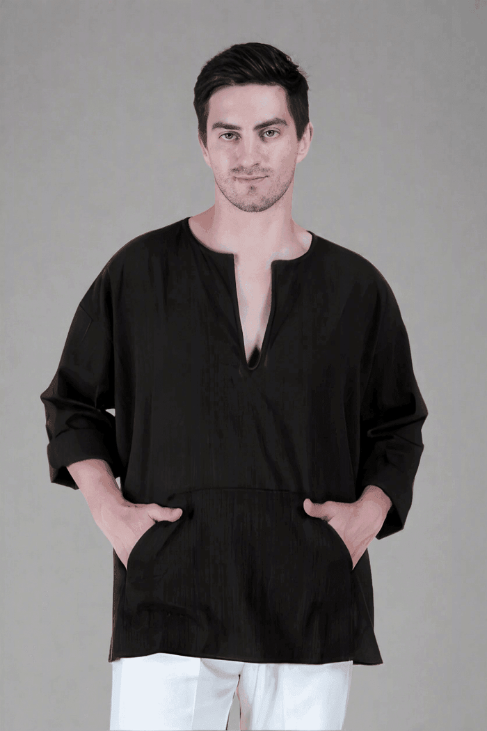 Black Off Shoulder Loose Cotton Kurta - Nirmal Online