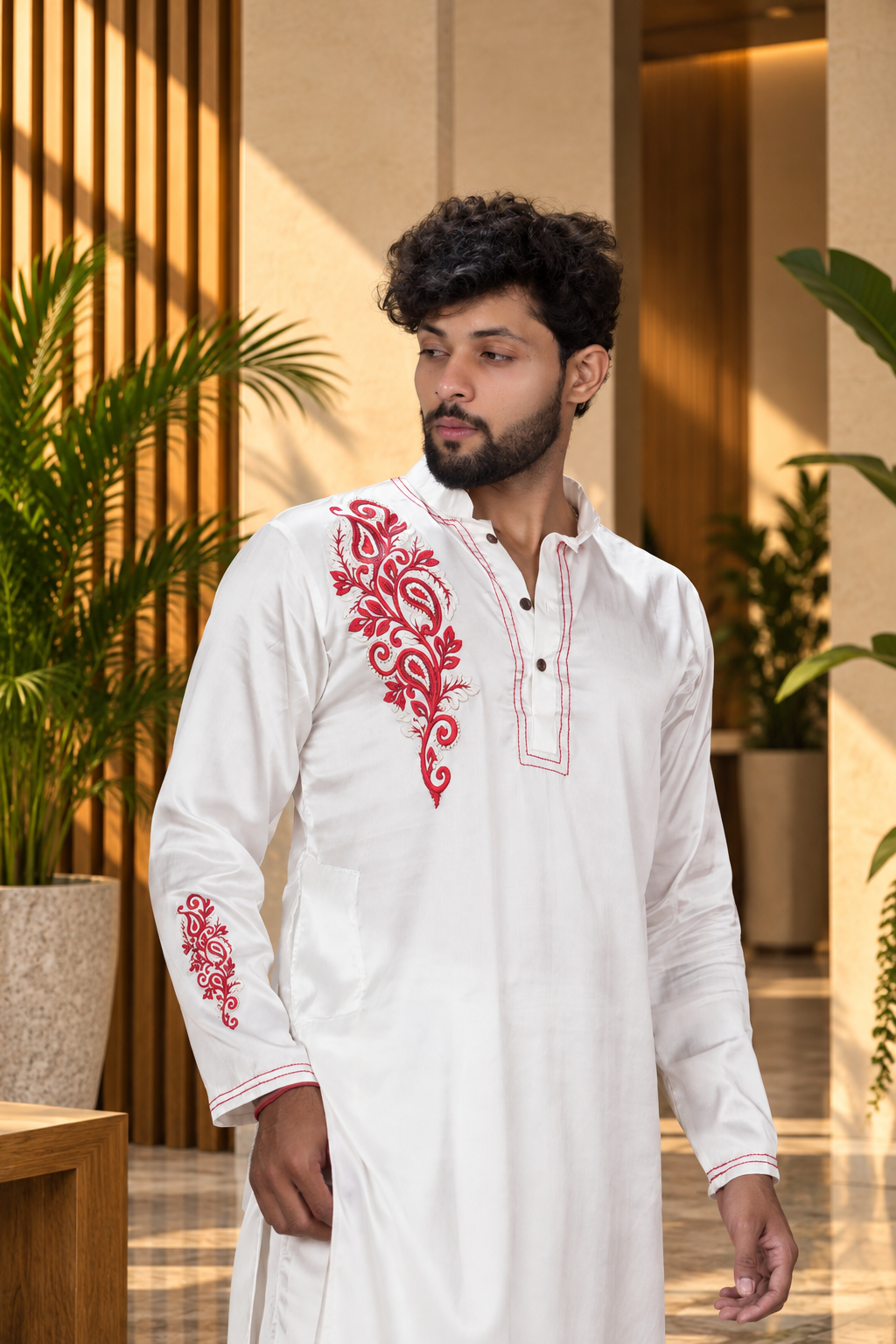 Ivory Heritage Embroidered Silk Kurta