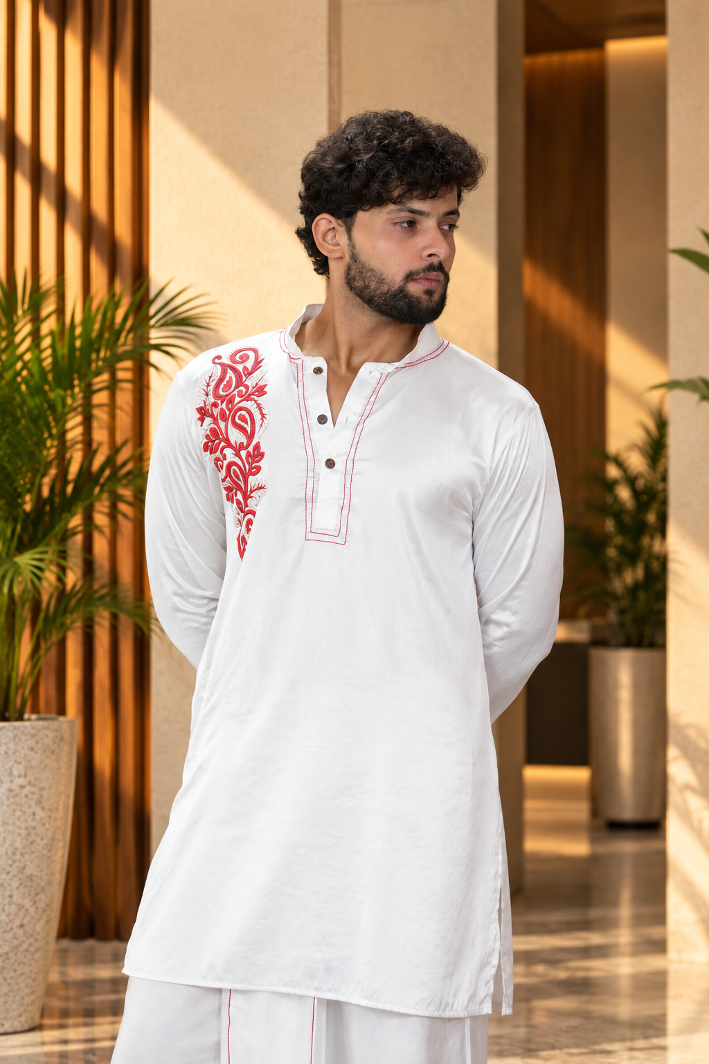 Ivory Heritage Embroidered Silk Kurta