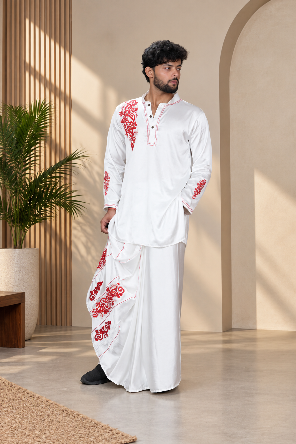Ivory Heritage Embroidered Silk Kurta