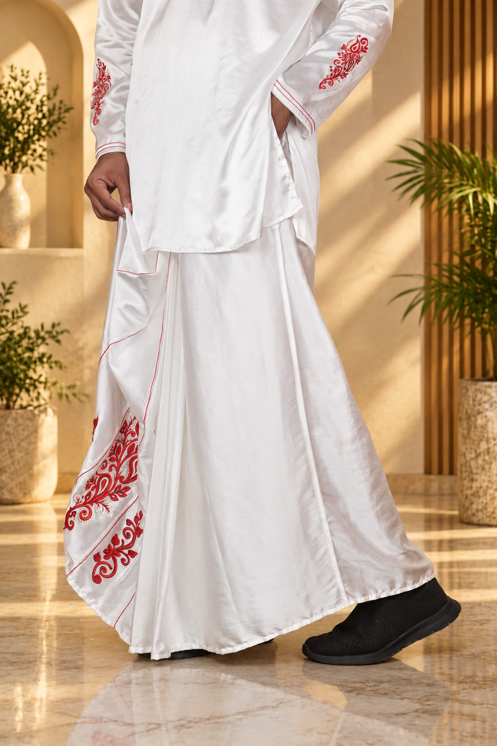 Men White Colour  Pajamalungi with Emb look DTF Sticker