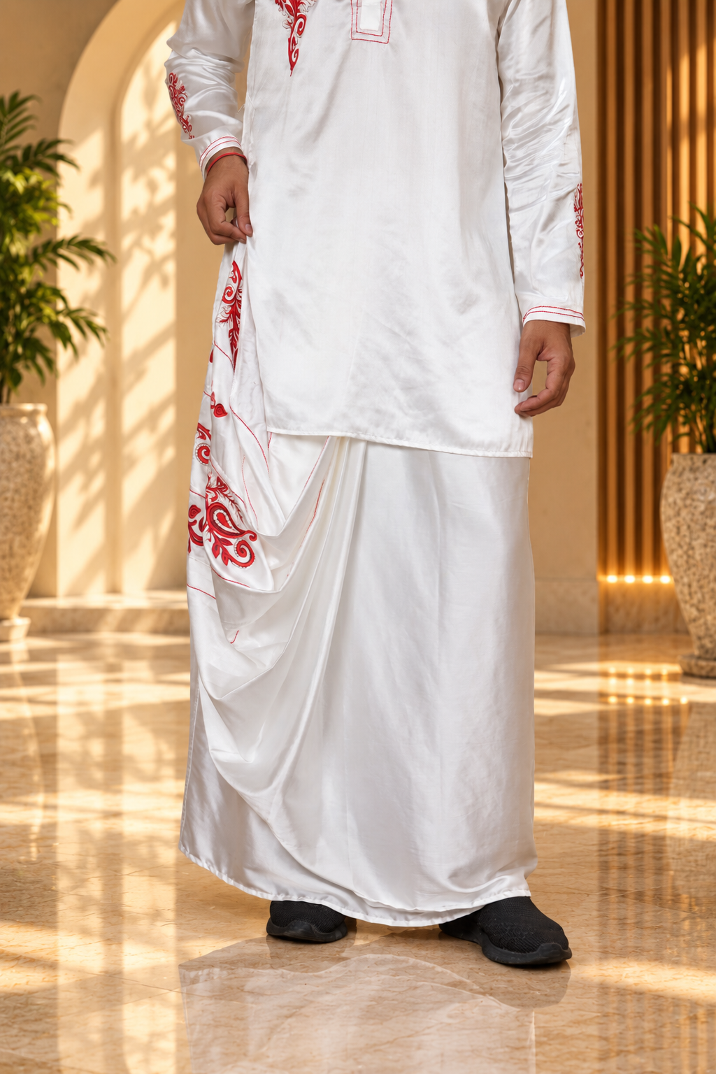 Men White Colour  Pajamalungi with Emb look DTF Sticker