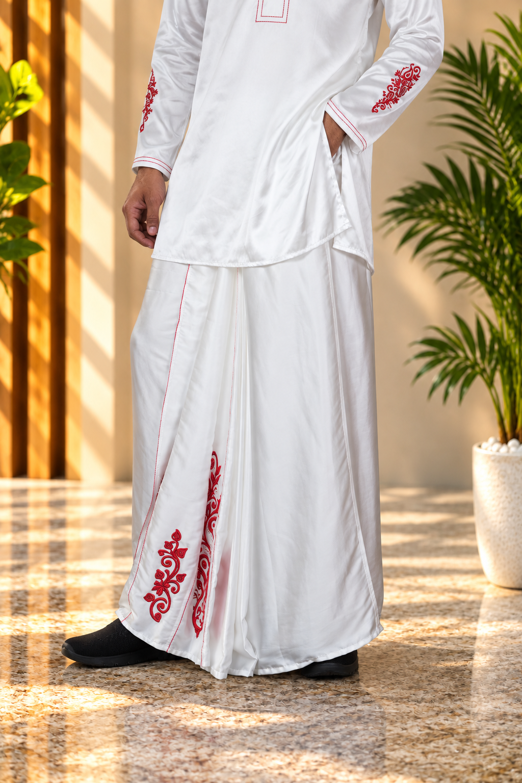 Men White Colour  Pajamalungi with Emb look DTF Sticker