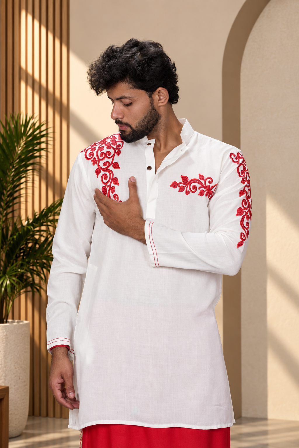 Men Ivory Colour Rayon Kurta with Emb look DTF Sticker
