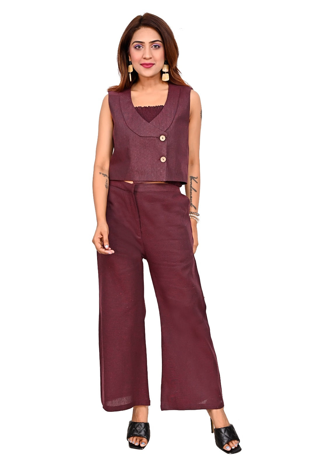 Wine Striped Sleeveless Co-Ord Set