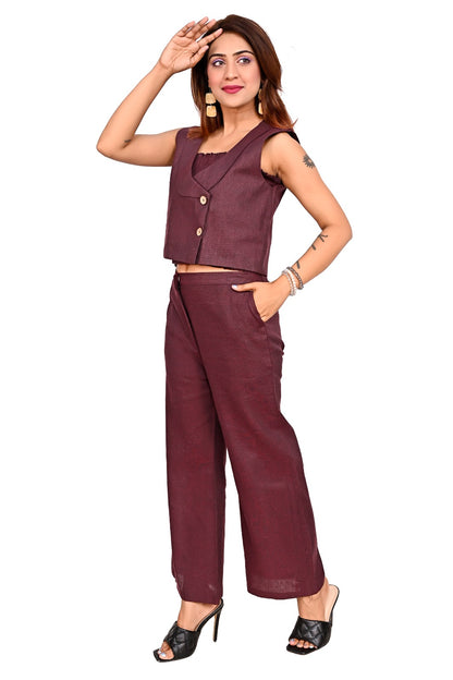 Wine Striped Sleeveless Co-Ord Set