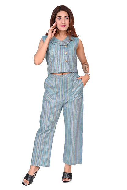 Sea Green  Striped Sleeveless Co-Ord Set