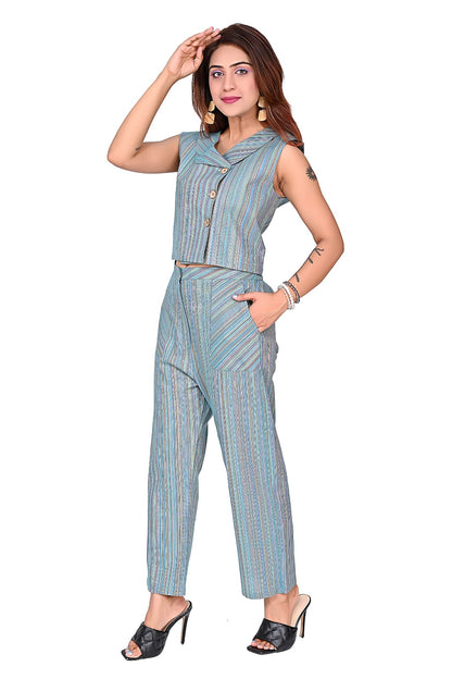 Sea Green  Striped Sleeveless Co-Ord Set