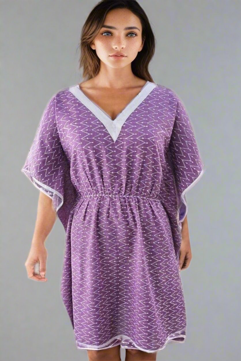 Premium Embroidered Cotton Kaftan, Elastic Waistband, Purple