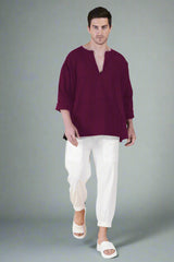Wine Off Shoulder Kurta Pajama Set