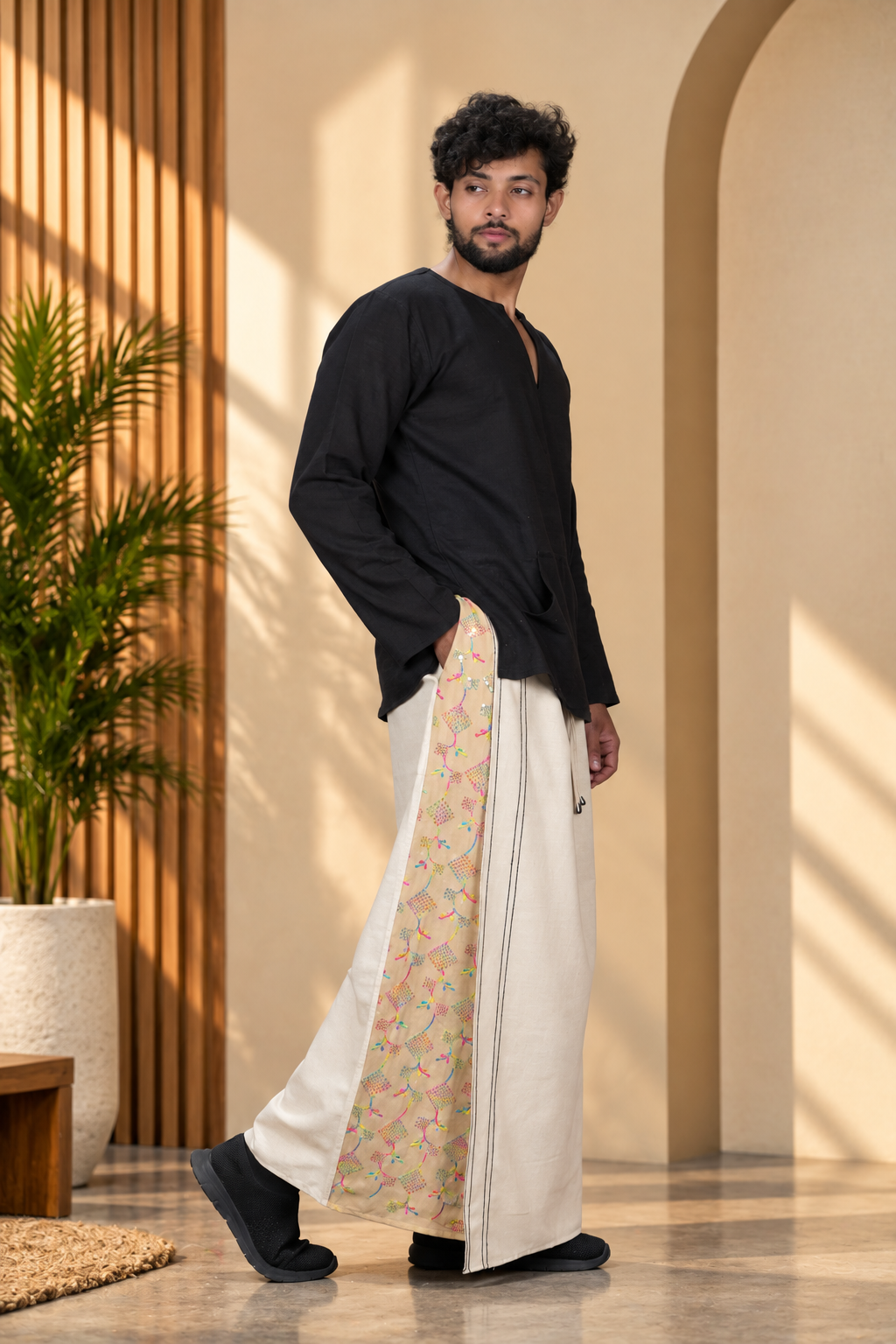 Men Beige Color  Pajamalungi With Soft Butter Yellow Sequence Embroidery Panel