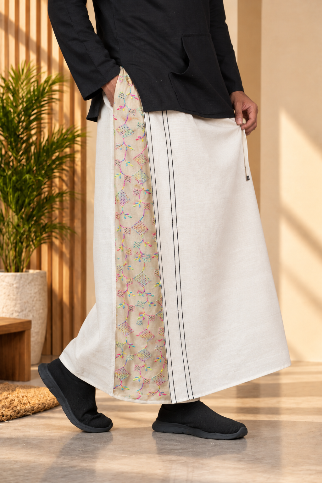 Men Beige Color  Pajamalungi With Soft Butter Yellow Sequence Embroidery Panel