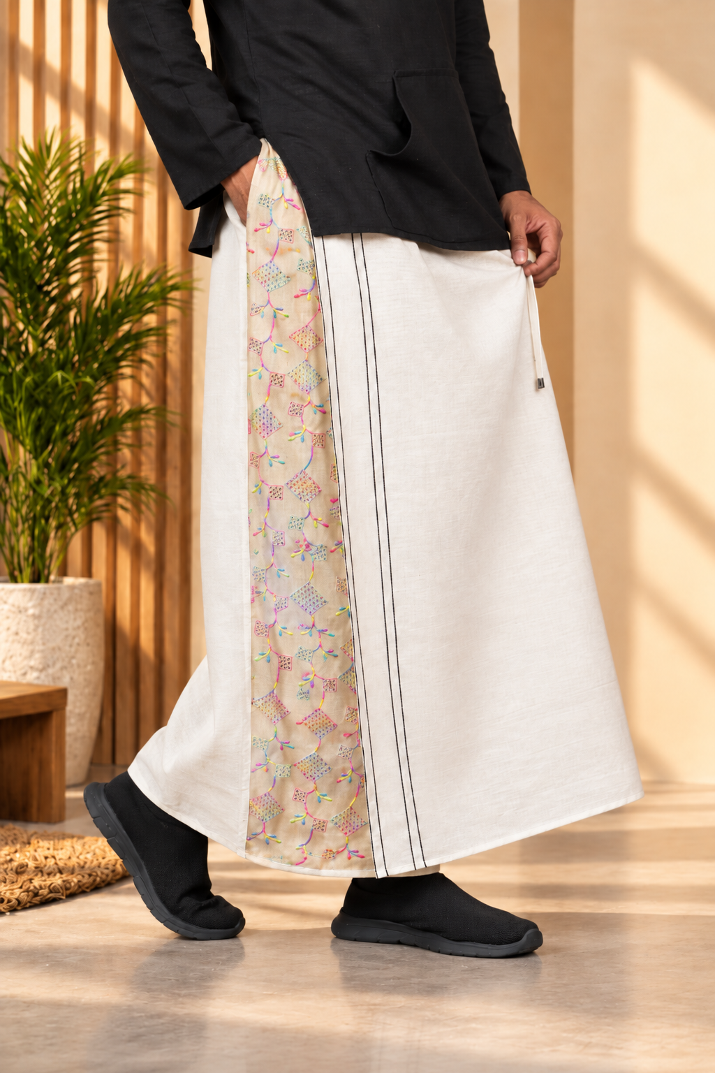 Men Beige Color  Pajamalungi With Soft Butter Yellow Sequence Embroidery Panel