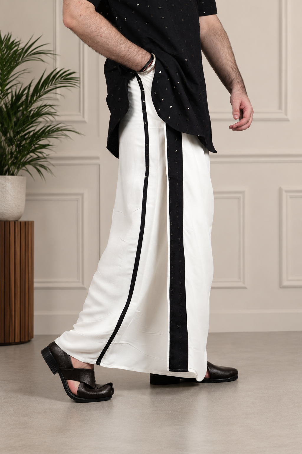 Men White colour with black Contrast Motif stripe  PajamaLungi