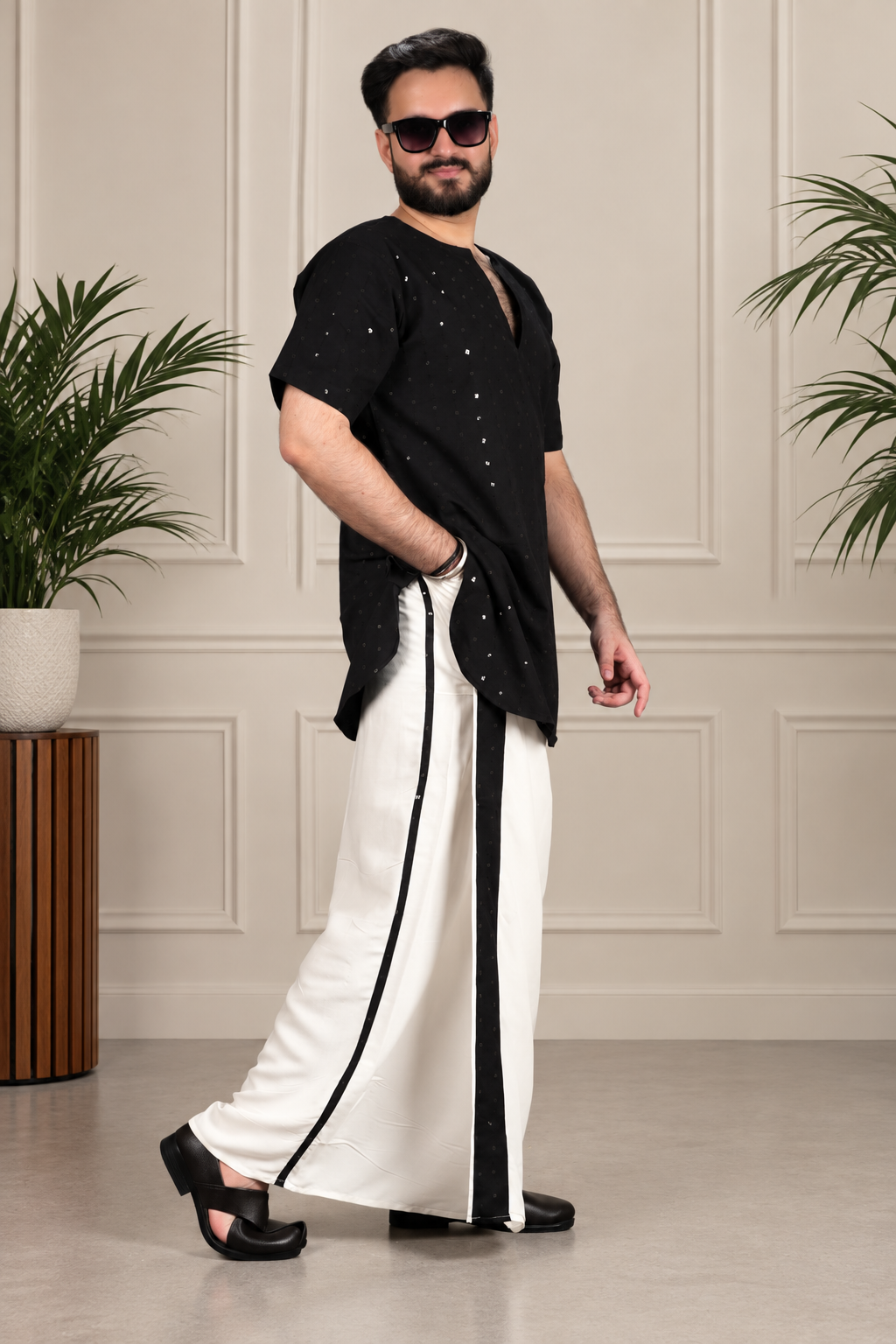 Men White colour with black Contrast Motif stripe  PajamaLungi