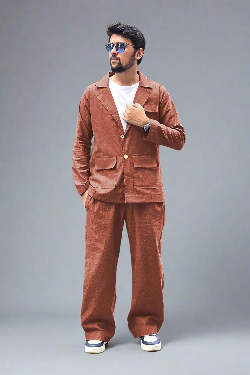 Rust Brown Cotton Blazer - Nirmal Online
