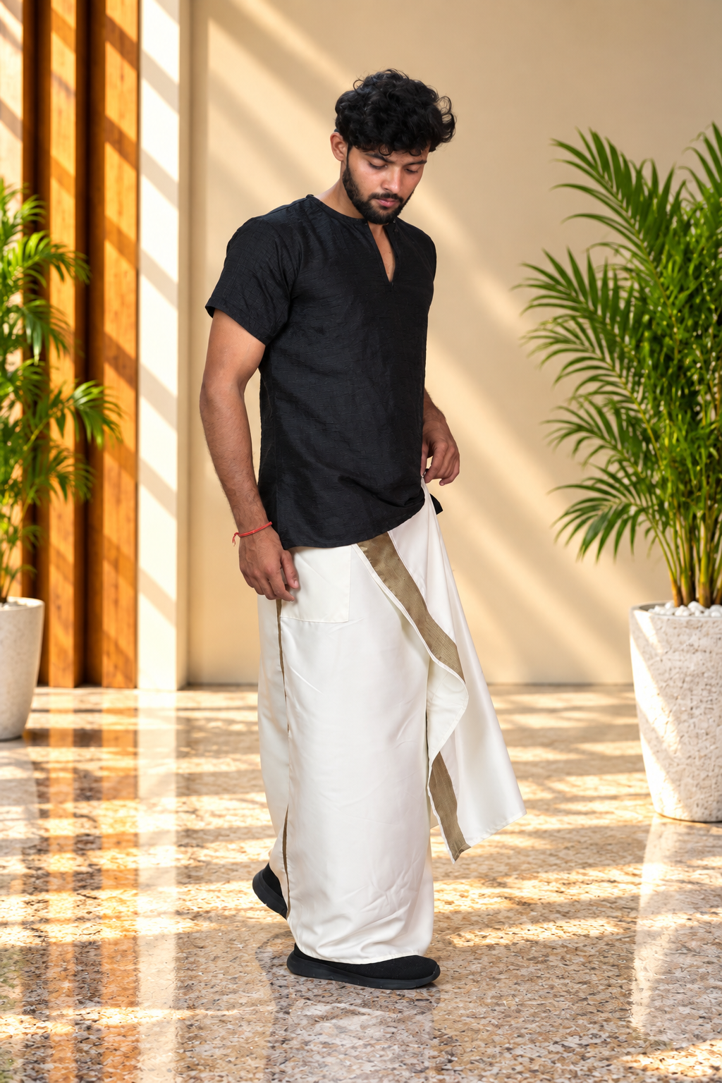 Men Ivory  Colour Pajamalungi With Copper Zari Stripe Panel