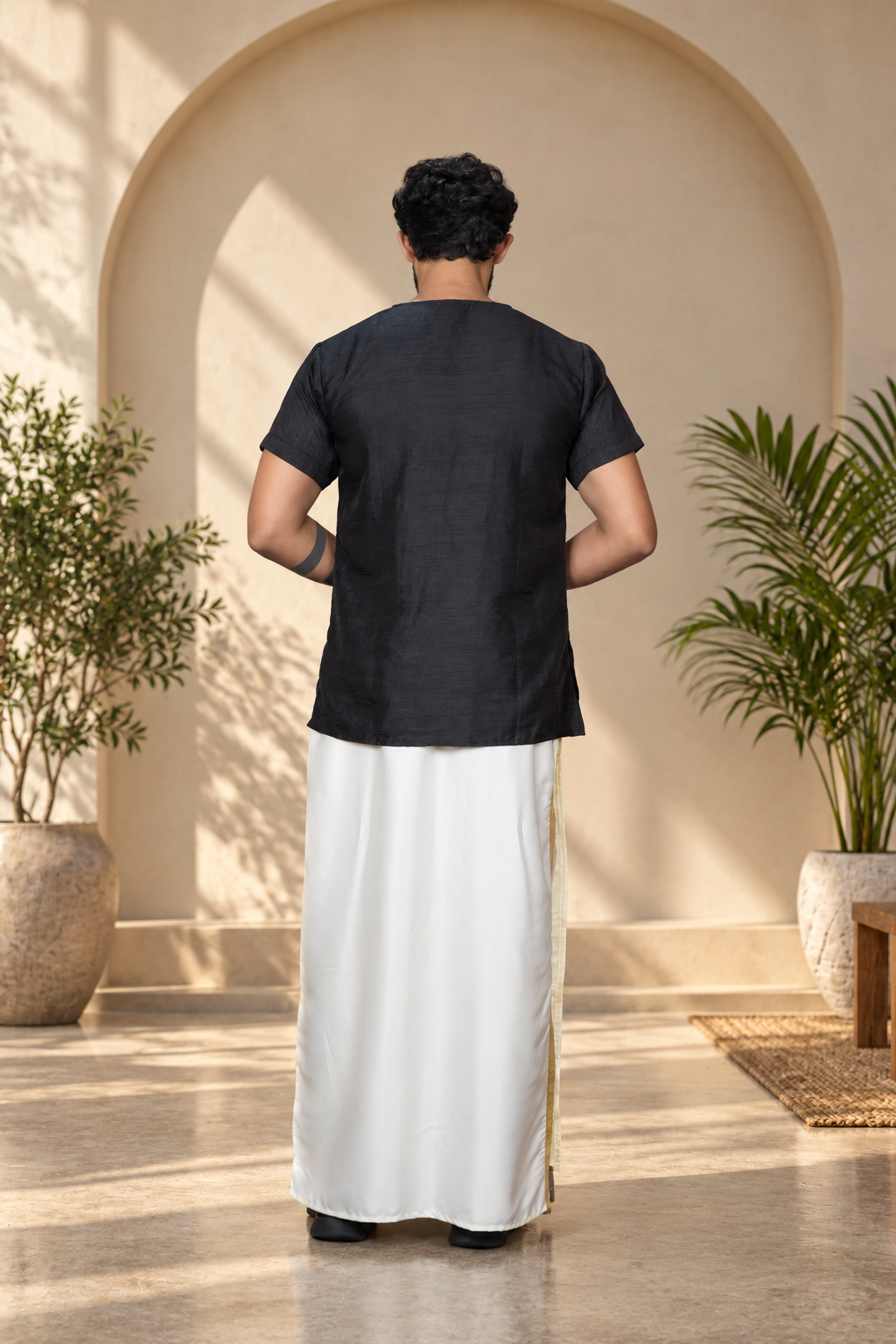 Men Ivory  Colour Pajamalungi With Copper Zari Stripe Panel