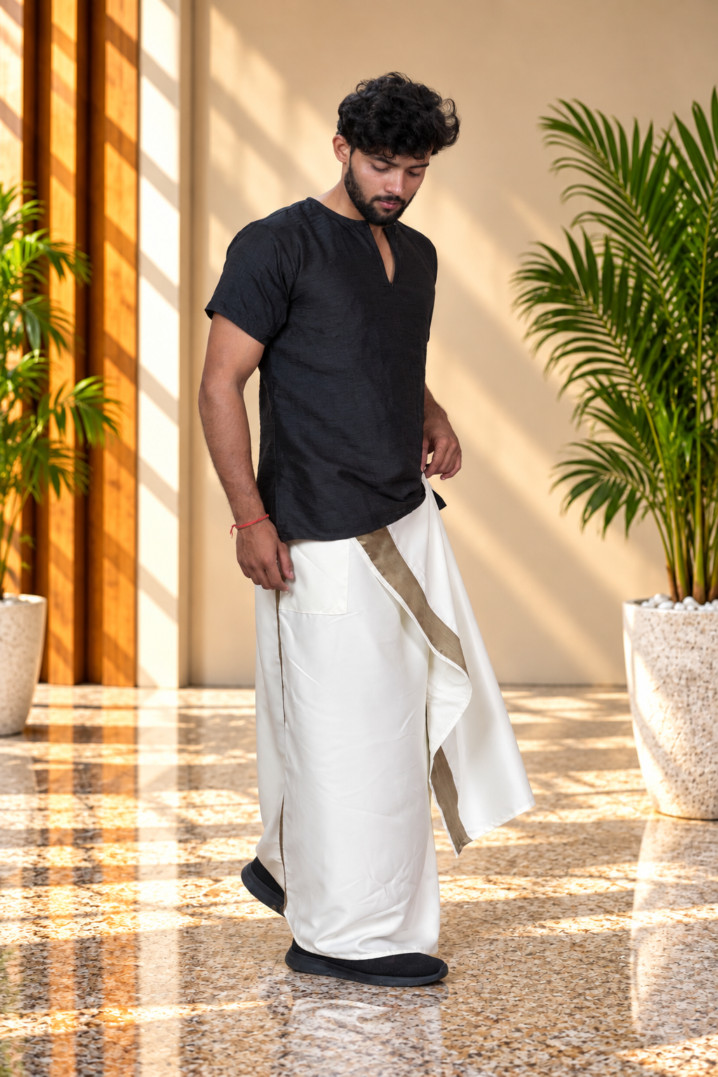 Men Ivory  Colour Pajamalungi With Copper Zari Stripe Panel