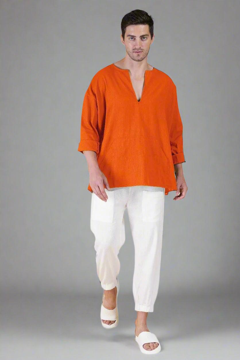 Orange Off Shoulder Loose Cotton Kurta & White Pajama Set