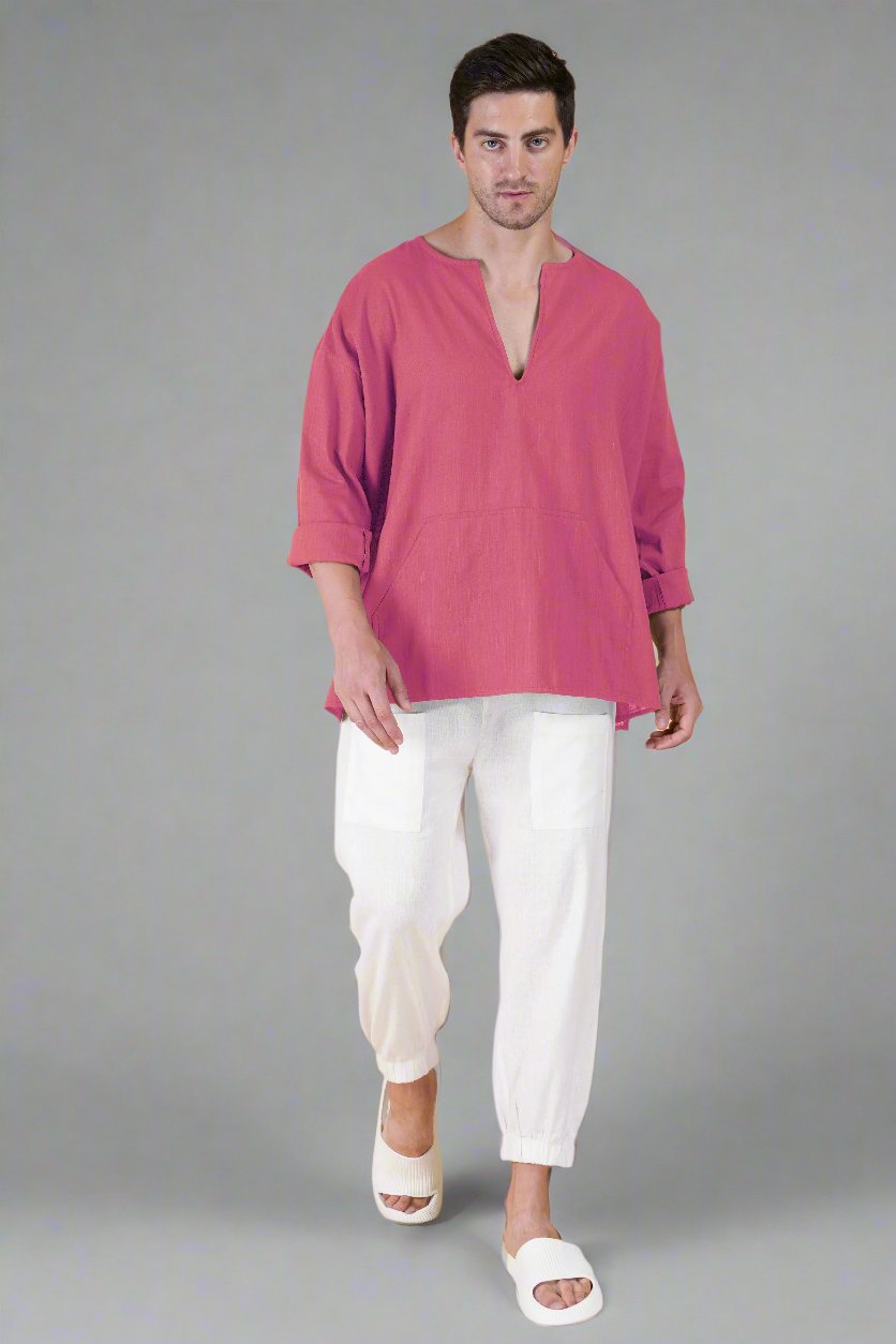 Tulip Pink Off Shoulder Loose Cotton Kurta & White Pajama Set