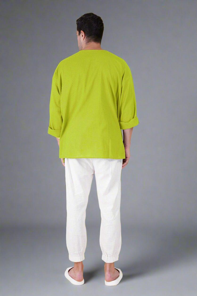 Lemon Green Off Shoulder Loose Cotton Kurta - Nirmal Online