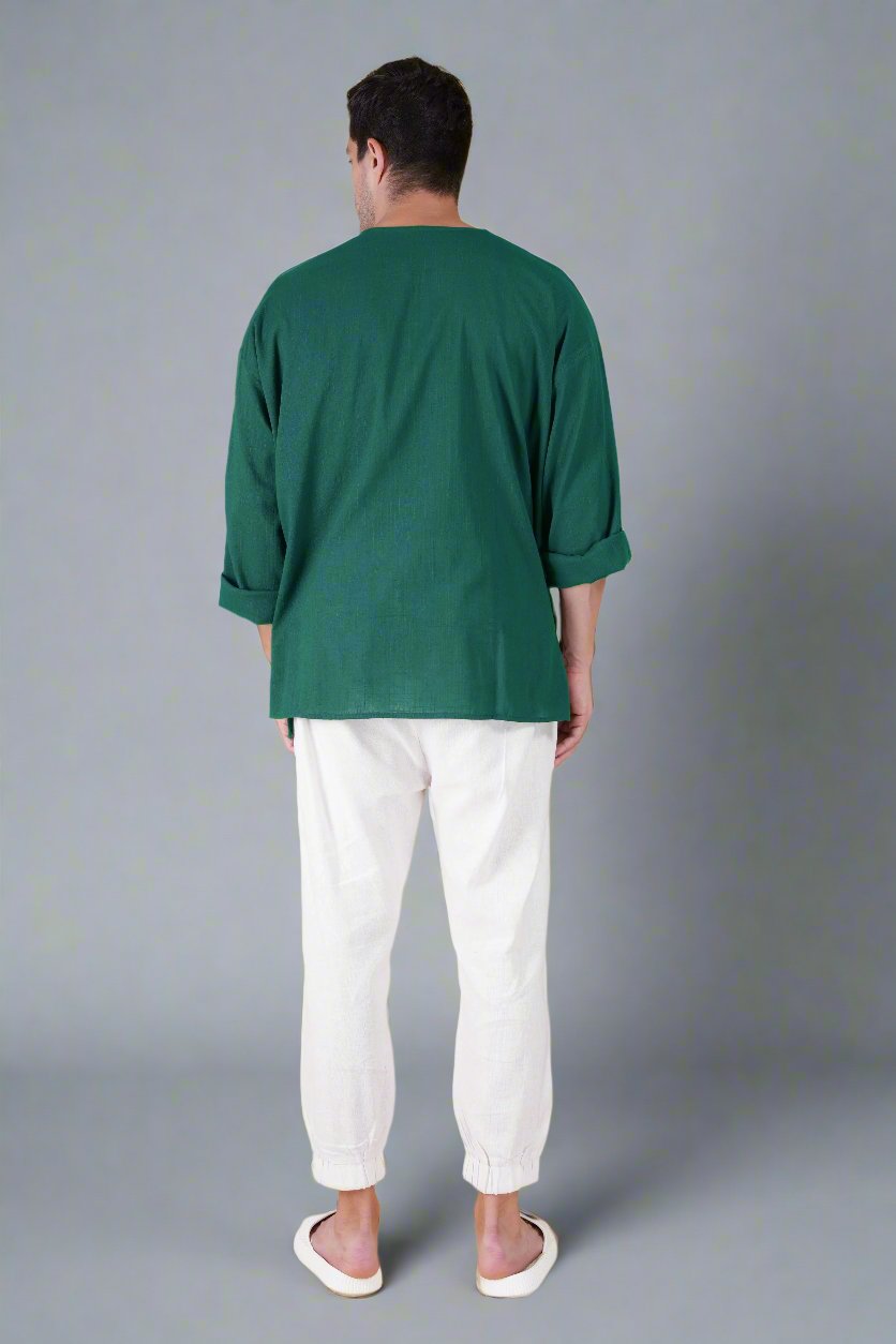 Deep Teal Off Shoulder Loose Cotton Kurta & White Pajama Set