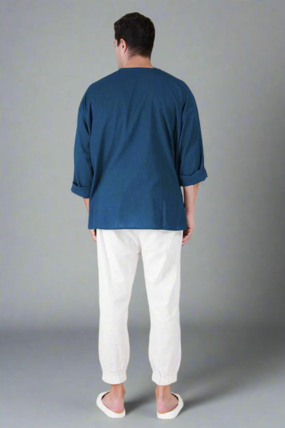 Denim Blue Off Shoulder Loose Cotton Kurta