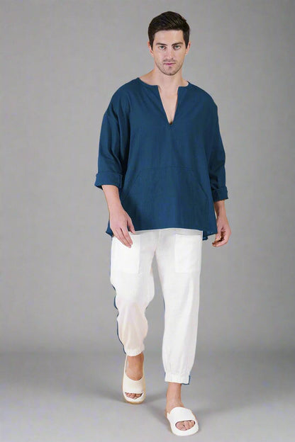 Denim Blue Off Shoulder Loose Cotton Kurta