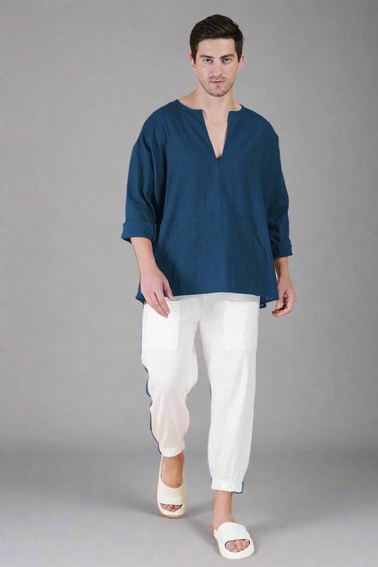 Denim Blue Off Shoulder Loose Cotton Kurta