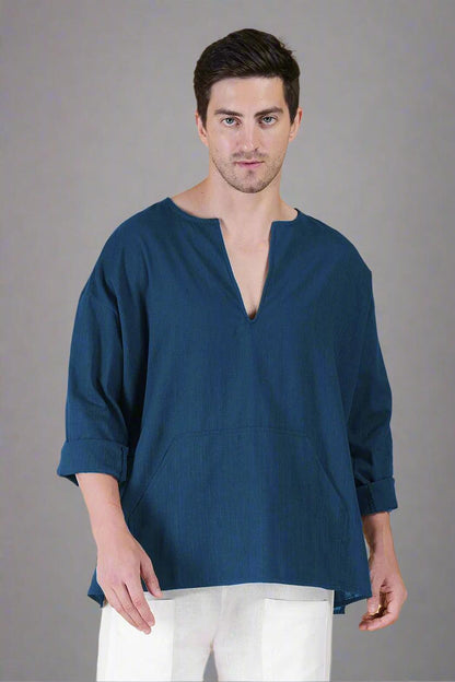 Denim Blue Off Shoulder Loose Cotton Kurta