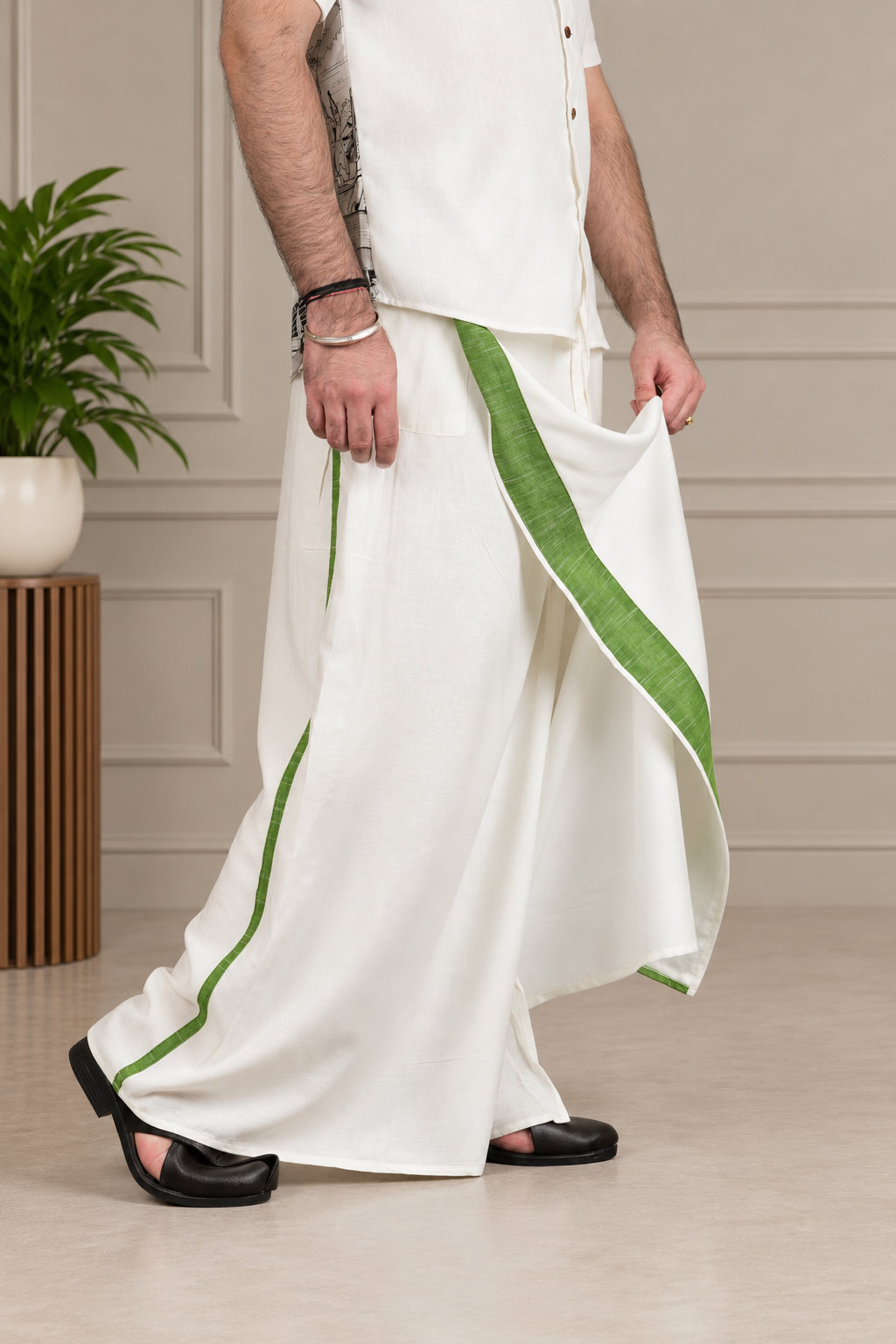 Men White Colour with Moss Green Stripe PajamaLungi