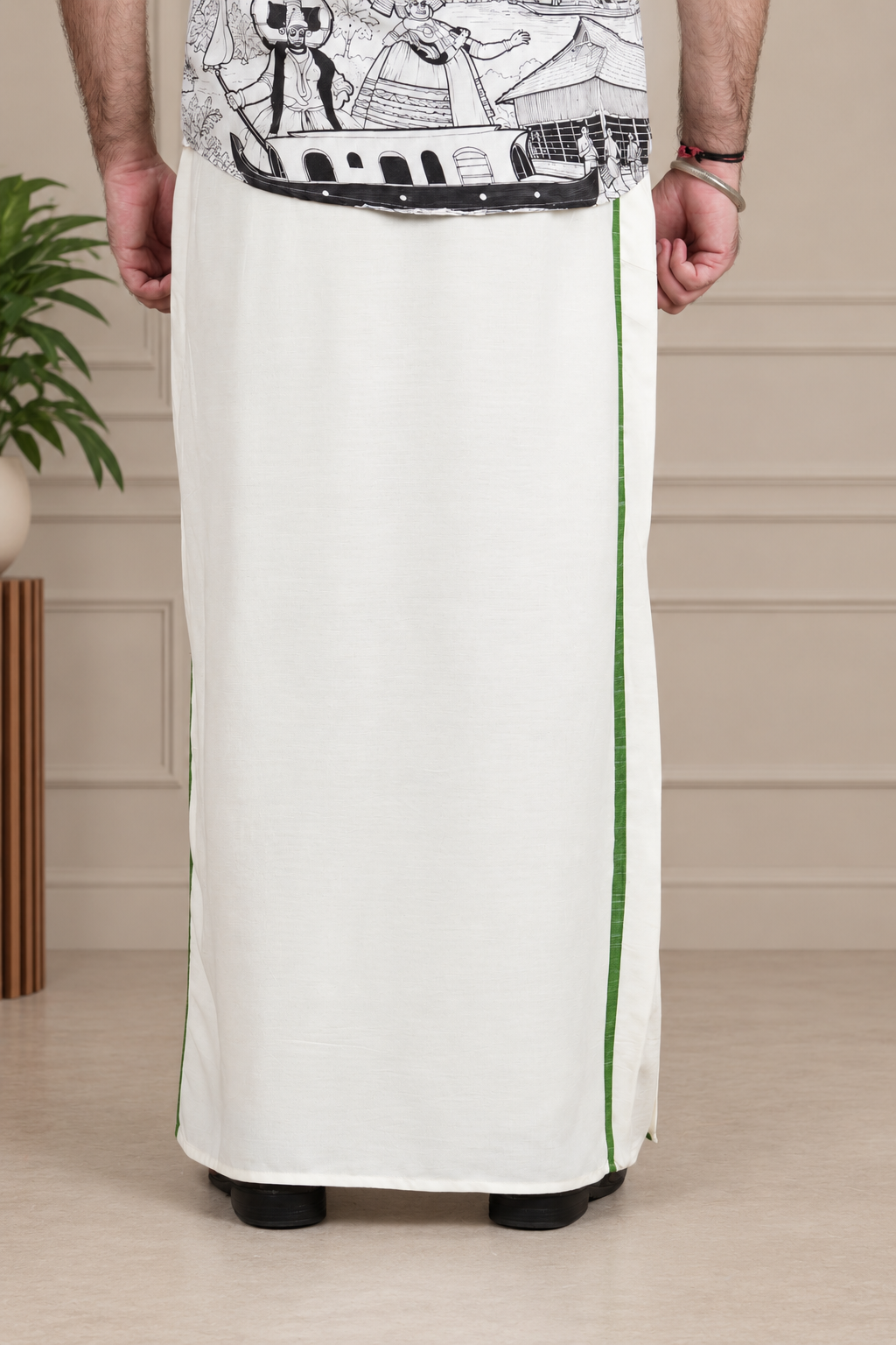 Men White Colour with Moss Green Stripe PajamaLungi