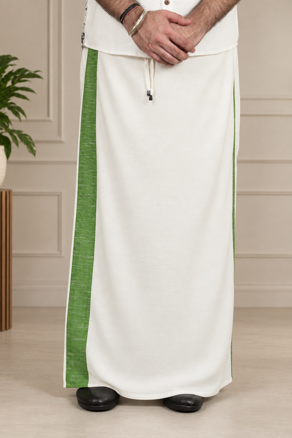 Men White Colour with Moss Green Stripe PajamaLungi