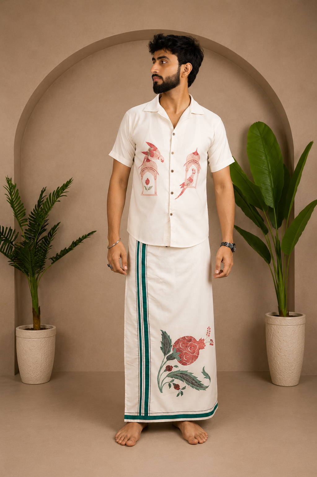 Full front styling of pomegranate print heritage lungi