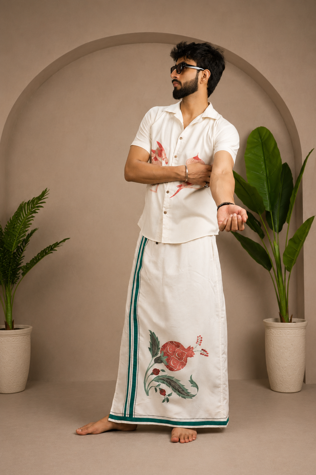 Lifestyle styling of pomegranate print lungi and matching shirt