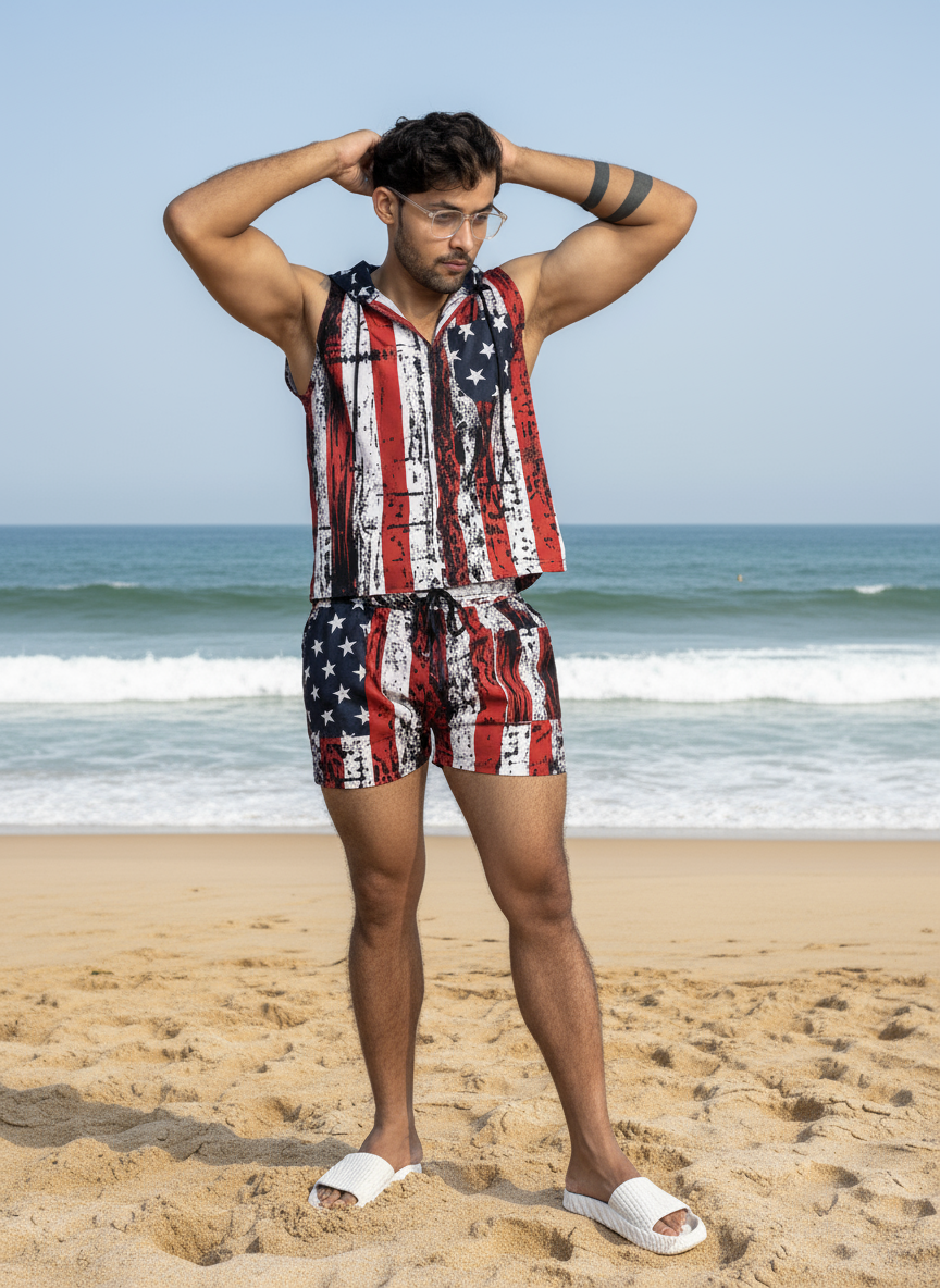 Star And Strip Print Beach Sleeveless Cord set - Men’s Beach Wear