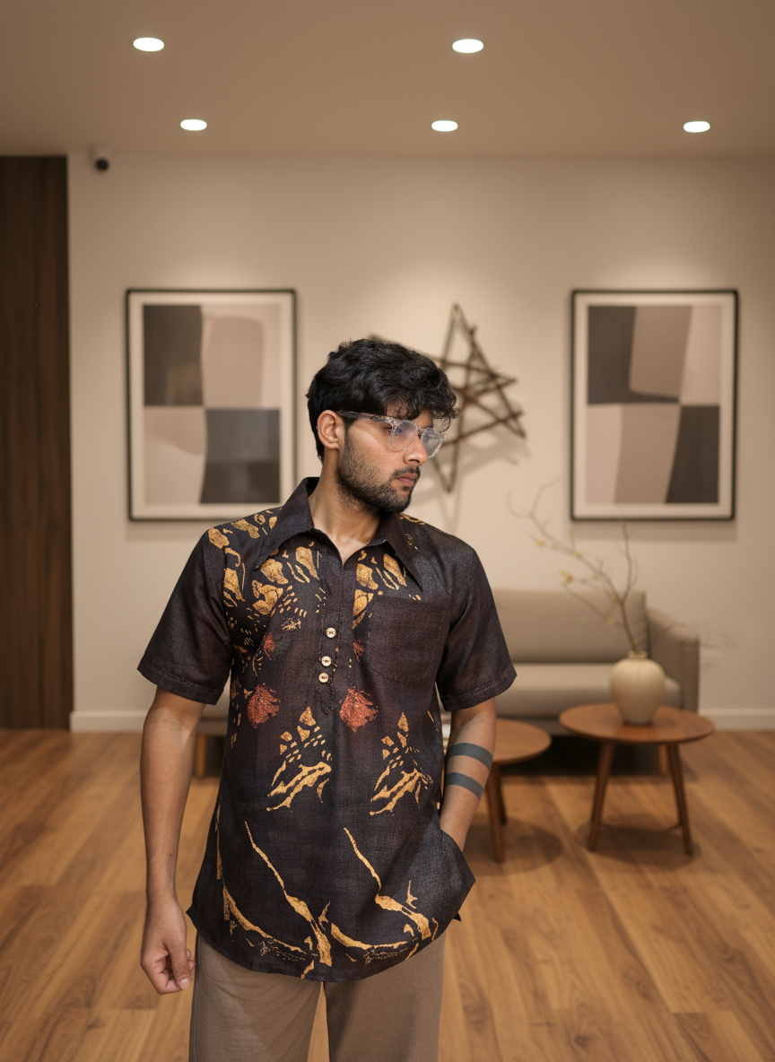 Dark coffee color lion face print kurta for men