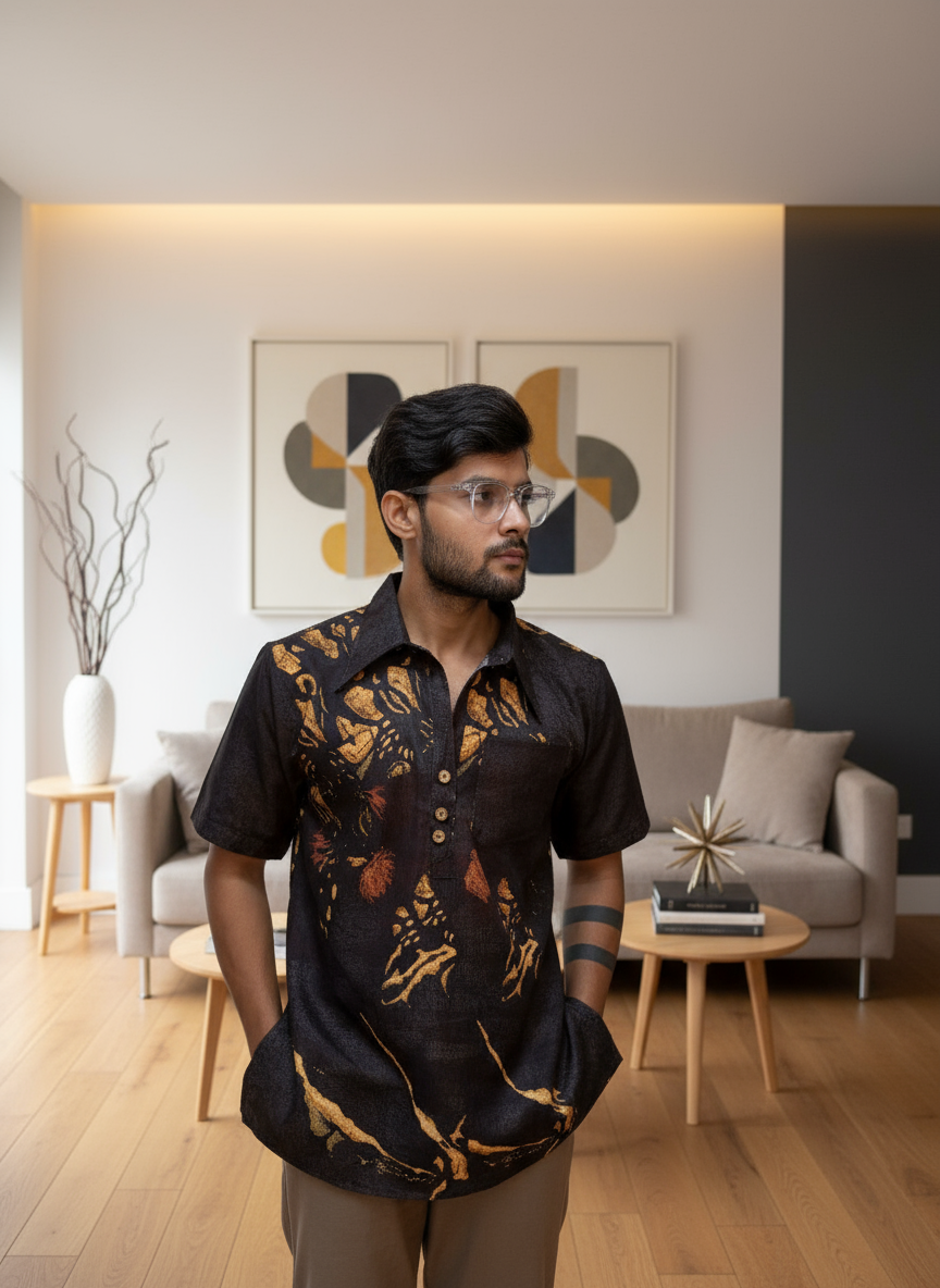 Dark coffee color lion face print kurta for men