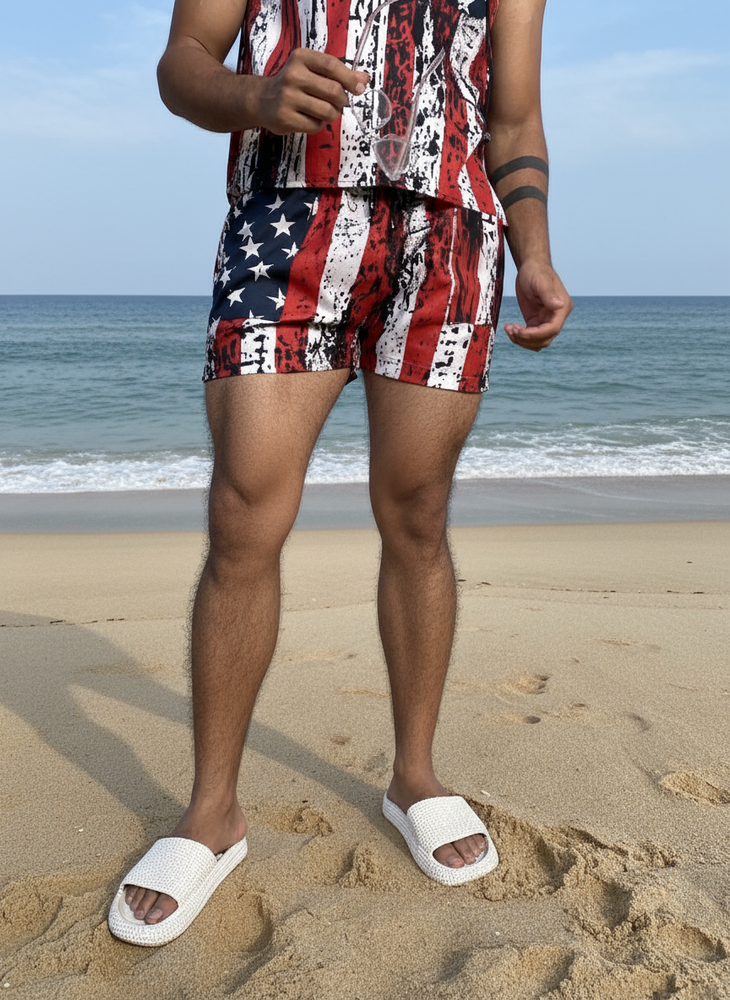 
                      
                        Star And Strip Print Beach Sleeveless Cord set - Men’s Beach Wear
                      
                    