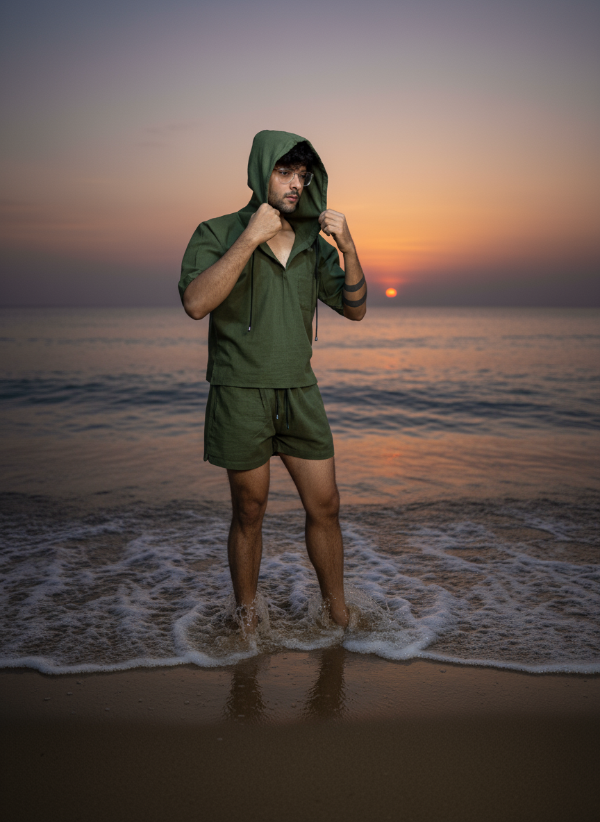 Olive Green Half Sleeve Beach Hoodie Co-ord Set for Men – Limited Edition