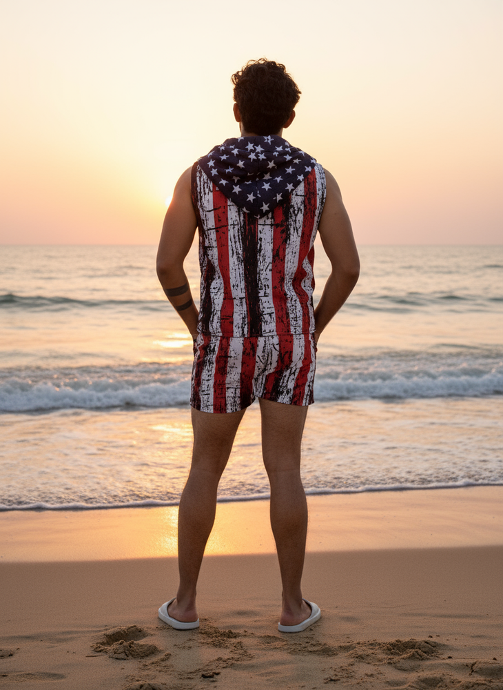 
                      
                        Star And Strip Print Beach Sleeveless Cord set - Men’s Beach Wear
                      
                    
