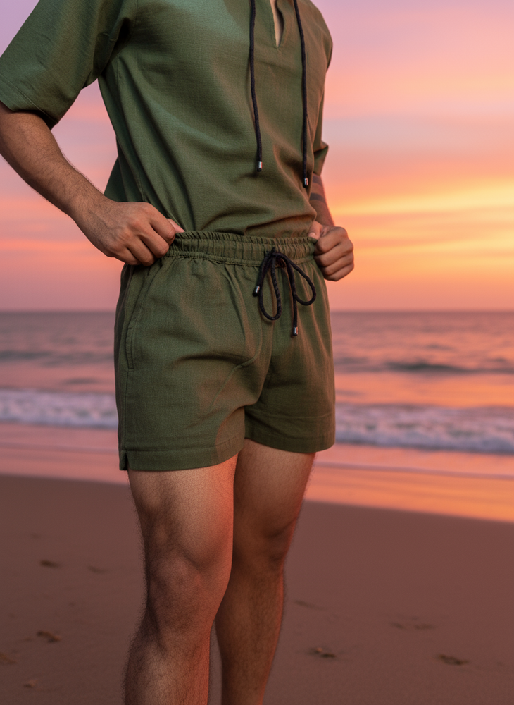 
                      
                        Olive Green Half Sleeve Beach Hoodie Co-ord Set for Men – Limited Edition
                      
                    