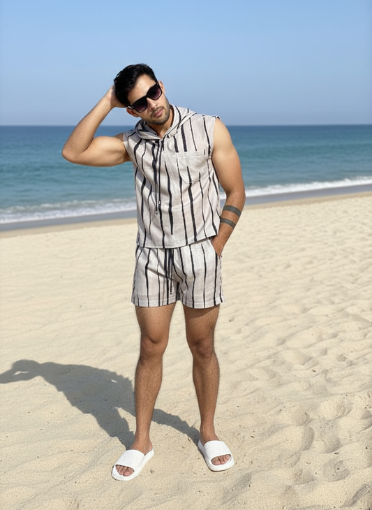 Printed Sleeveless hooded Beach wear Cord Set for Men