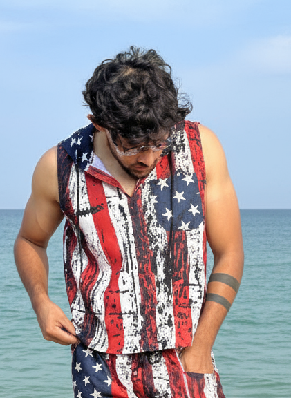 star and stripe print beach sleeveless co-ord set for men