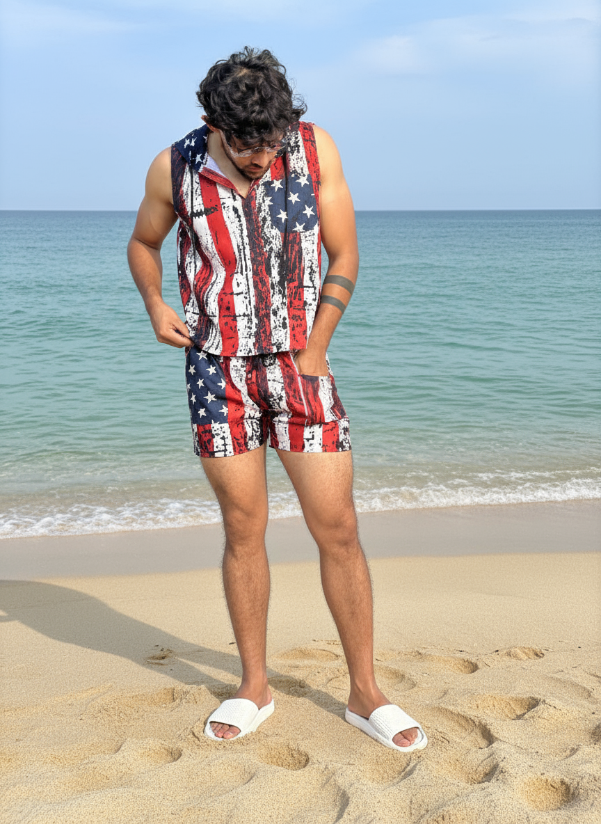 Star And Strip Print Beach Sleeveless Cord set - Men’s Beach Wear
