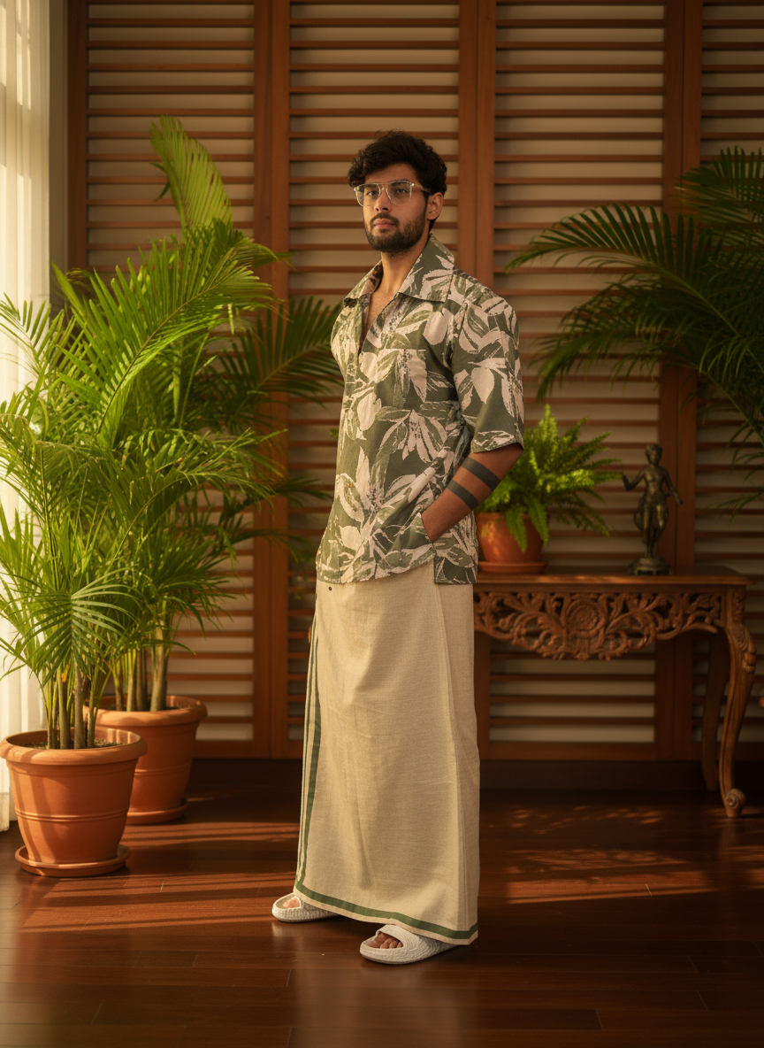 Beige pajamalungi with light green stripes for men