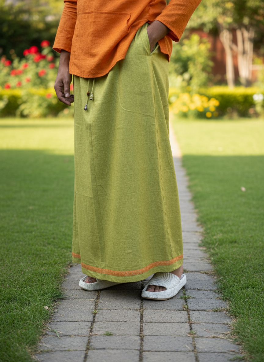 Light green pajamalungi with orange and yellow stripes for men's worn in a garden setting.